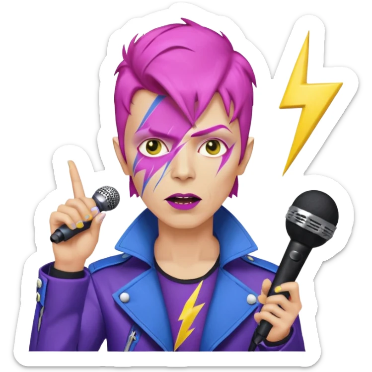 David Bowie inspired male rockstar emoji, short pink hair, lightning bolt face paint, yellow skin, dark lipstick, purple and blue jacket, microphone, white background sticker