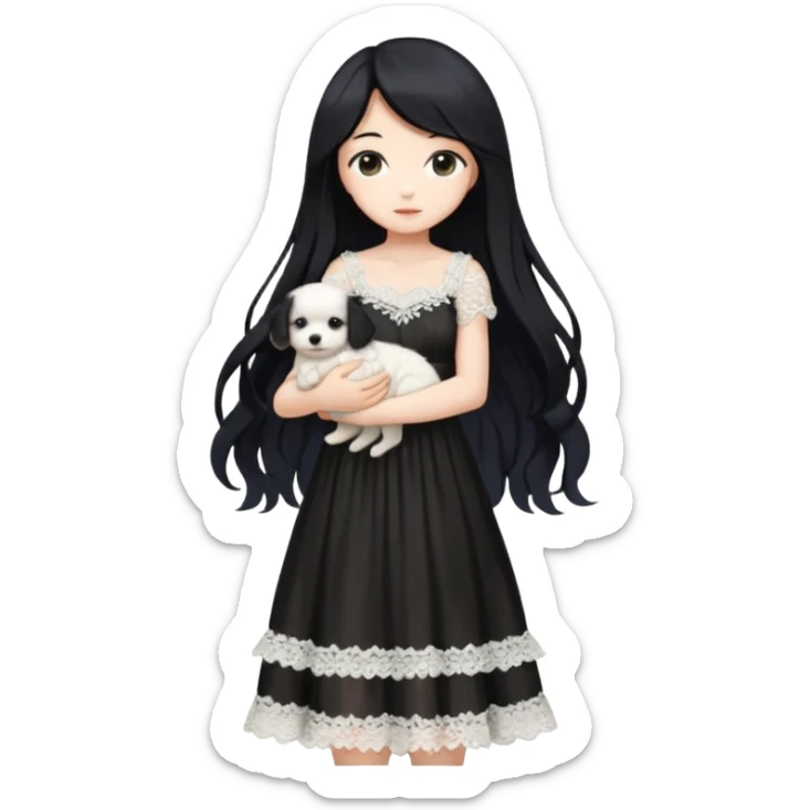 Pastel anime lady long hair with long lace dress full body holding puppy sticker