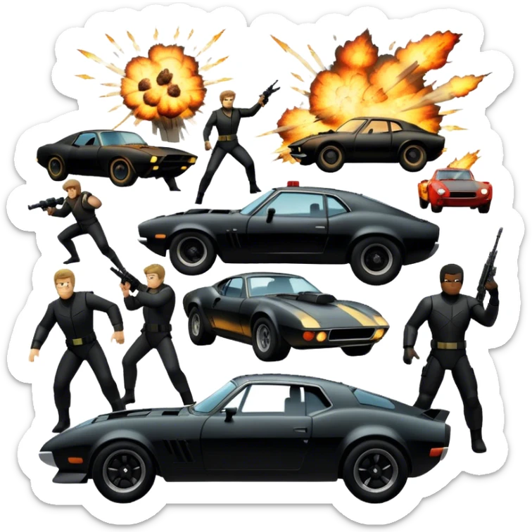 Photorealistic Icon for Action Movies: Dynamic collage of iconic action movie scenes featuring explosions, fast cars, combat, and weapons. Include silhouettes of famous action heroes, dramatic lighting, and a sense of high-octane energy. Transparent background. sticker