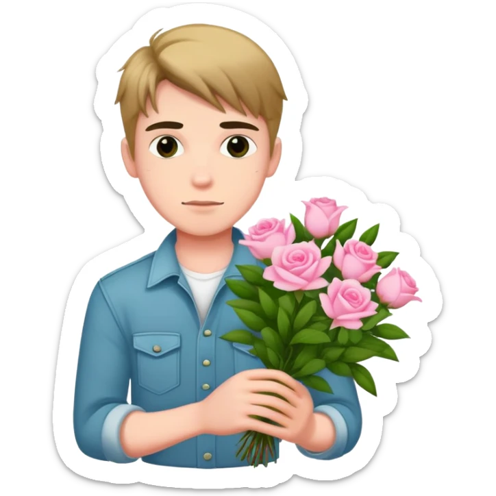 A cool bad boy with fair skin holding a bouquet of pink jasmine roses sticker
