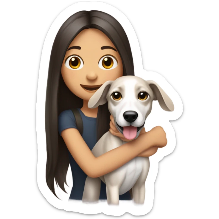 Girl long dark straight hair smiling with a whippet puppy around her shoulders  sticker