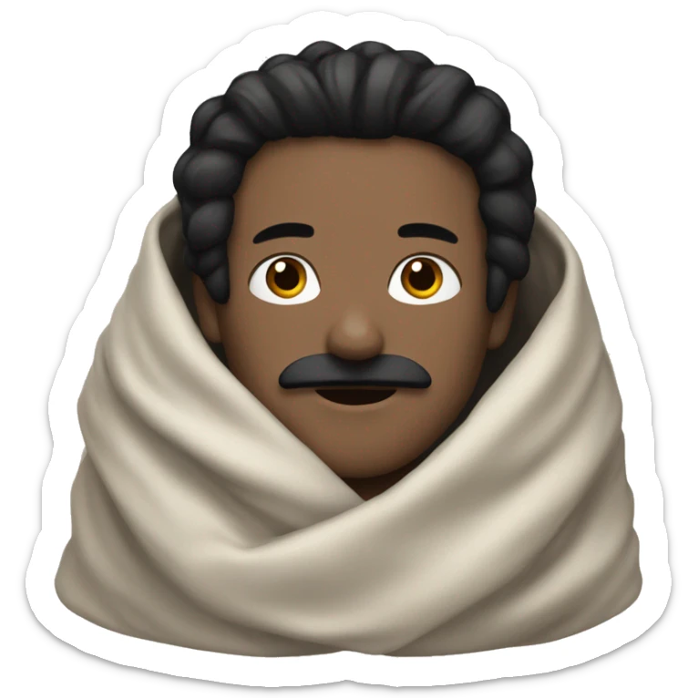 white man, black hair and black mustache, wrapped in a blanket sticker