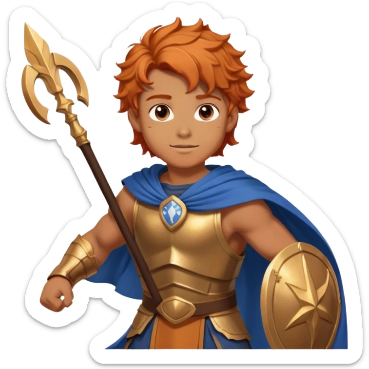 A muscular young hero with wavy orange hair and a determined smile. He wears a Greek-style brown tunic with a blue cape, bronze armor, and a headband. His stance is confident and heroic, exuding strength and courage sticker