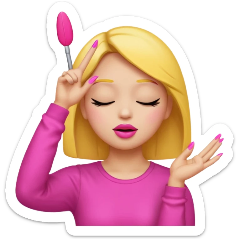 Yellow circle emoji sighing and drumming fingers up the side of their head the eye is closed it is a side profile pink lipstick and pink nails sticker