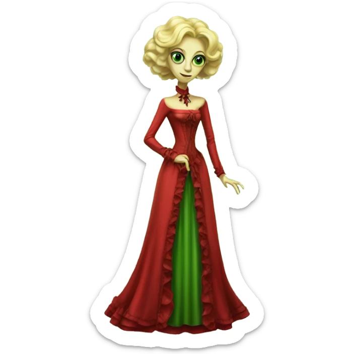 "green blonde alien woman" in red Victorian dress elegant, full body sticker