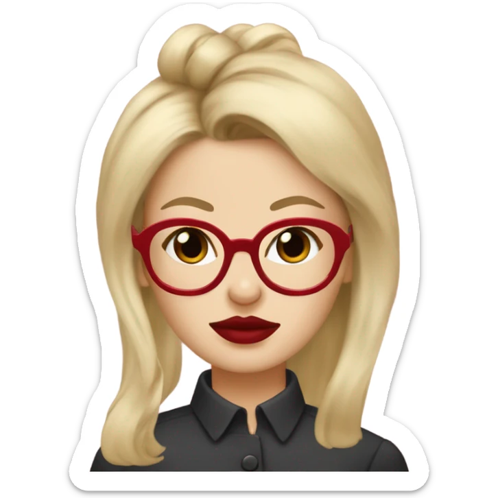 White girl, blonde hair, eyes closed, red lipstick,  wearing glasses kisses Yorkshire terrier  sticker