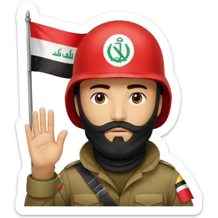 surrenders, depicts an Iraqi soldier from 1980, with a beard, in a helmet, a helmet with sign flag Iraq, with a balaclava, with sad eyes and both hands raised up sticker