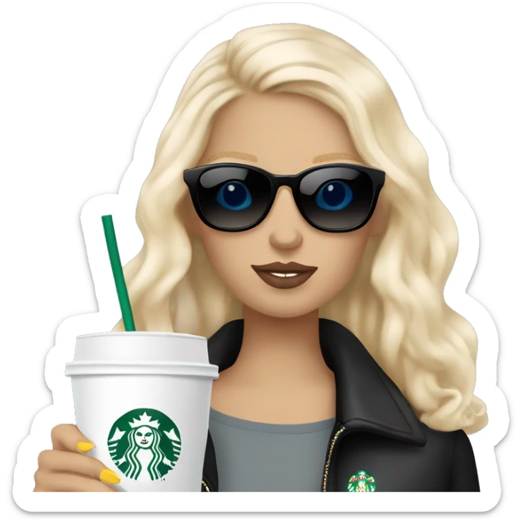 Girl with blonde hair, blue eyes, stockholm style and a zadig en voltaire bag and big sunglasses and a starbucks drink sticker