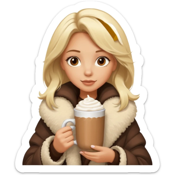 Tanned Girl with lashes , blonde hair, in an extremely big fluffy oversized coat and hold hot chocolate drink sticker
