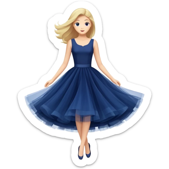 Navy blue dress with tulle skirt floating in the air, isolated sticker