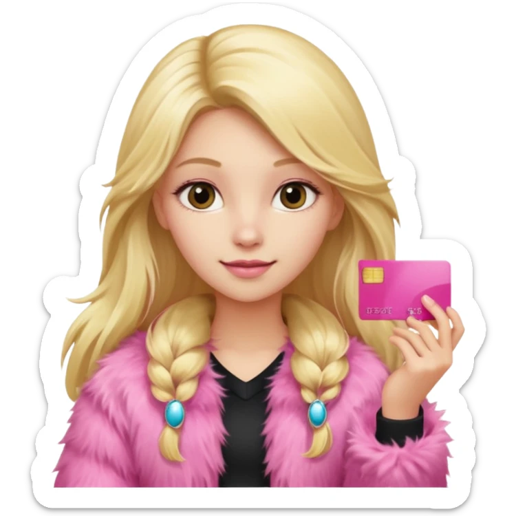 blonde long-haired girl in pink fur, holding a pink credit card sticker