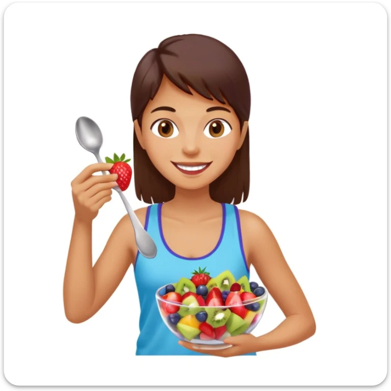 A cheerful person holding a glass bowl of colorful fruit salad with vibrant pieces of strawberries, kiwis, and blueberries visible. The person is wearing a casual, light-colored tank top and has a friendly, bright smile as they prepare to take a bite with a spoon. sticker