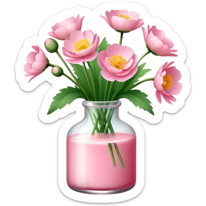 aesthetic bow in Cream Pink , Sugar Pink color glass bottle and in it a beautiful bouquet of Satin Pink Chinese buttercup  sticker