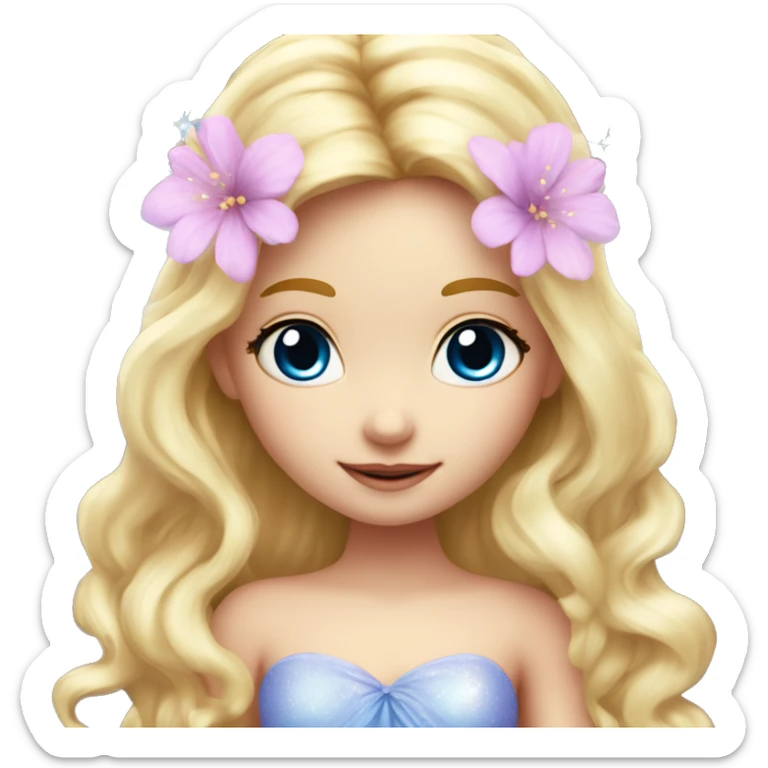 Fairy, a blonde hair with blue eyes and a pink dress with sparkly wings. Flowers. White wings. The fairy has long, curly hair with a lot of volume sticker