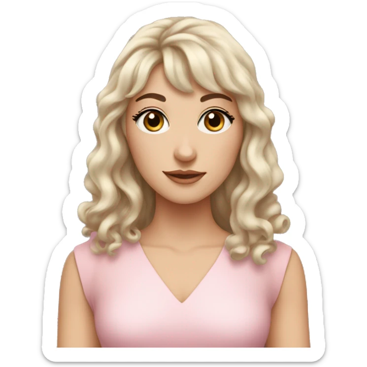 White woman with long black curly hair and bangs and dark brown eyes, wearing a pastel pink dress sticker