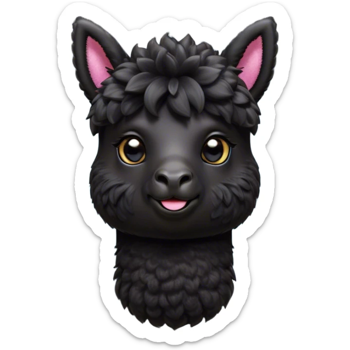 Cinematic Cute Black Alpaca Portrait Emoji, Head tilted playfully and inquisitively, featuring a plush, shiny jet-black fleece with a lustrous sheen, round, sparkling dark eyes filled with curiosity, Simplified yet irresistibly adorable features, highly detailed, glowing with a warm, friendly glow, high shine, affectionate and gentle, stylized with a touch of whimsy, bright and endearing, soft glowing outline, capturing the essence of a mischievous yet loving alpaca, so playful it feels like it could prance out of the screen and into your arms! sticker