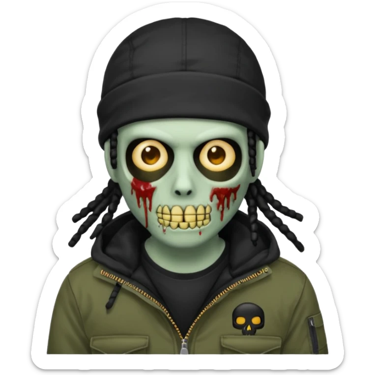 a zombie emoji with black dreads and a black carheartt jacket and black nike ski mask on his head sticker