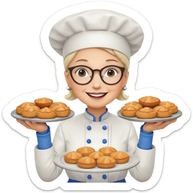 Older female pastry chef – round glasses, oven mitts on, holding a tray of pastries.

 sticker