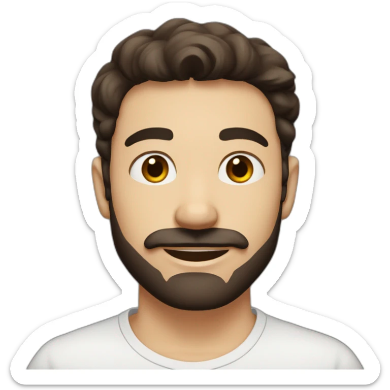 A young Caucasian man with dark brown, almond-shaped eyes, dark brown hair, and a small dark brown beard with a more prominent mustache. sticker