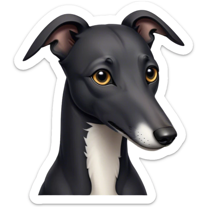 Cinematic Noble Black Greyhound Portrait Emoji, Poised and regal, with a lean, graceful build and a sleek, jet-black Fur, deep-set soulful dark eyes, Simplified yet sharp and sophisticated features, highly detailed, glowing with a soft, dignified glow, high shine, intelligent and swift, stylized with an air of elegance, focused and attentive, soft glowing outline, capturing the essence of a watchful and commanding racer, so majestic it feels as though it could sprint out of the screen with effortless authority! sticker