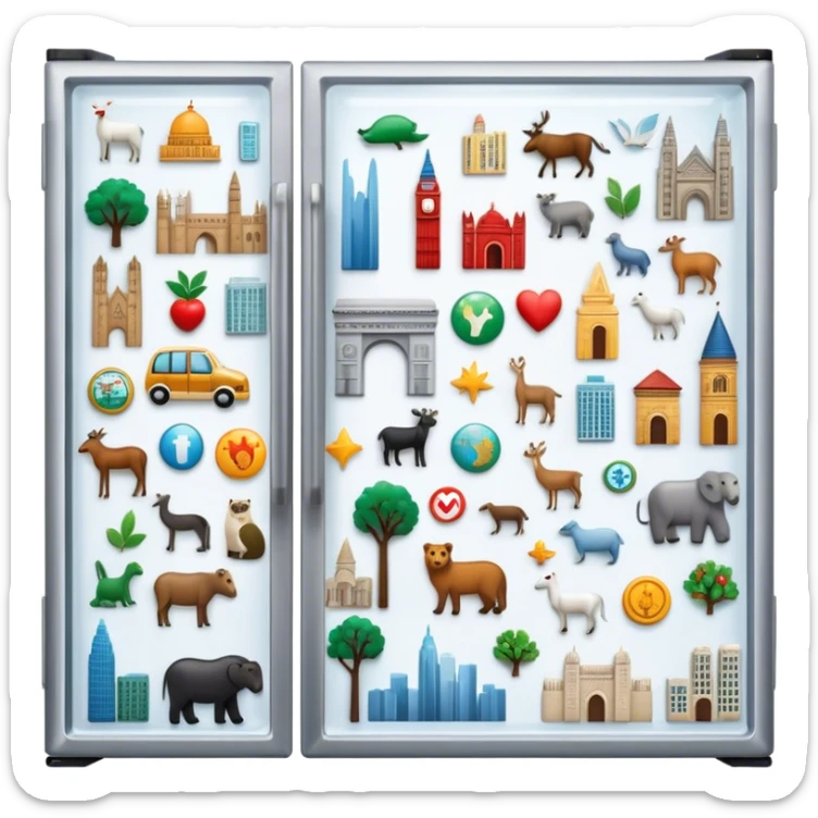Icon for Magnet Collecting: a close-up of a fridge door covered with a variety of magnets, featuring cities, animals, symbols. The icon should highlight the diversity and charm of magnet collections. Transparent background. sticker