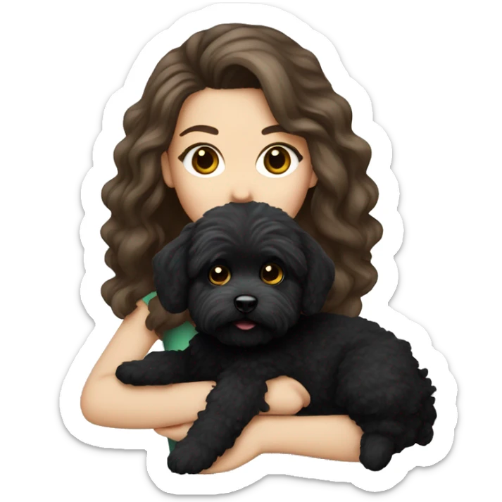 Caucasian Brunette girl long hair and hazel eyes, holding a black maltipoo sticker