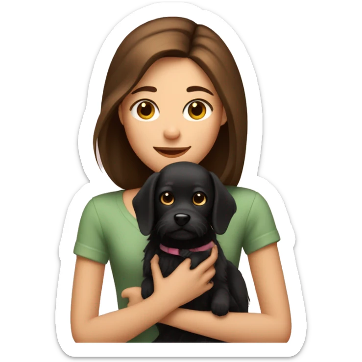 A girl with straight brown hair holding a small fluffy black dog sticker
