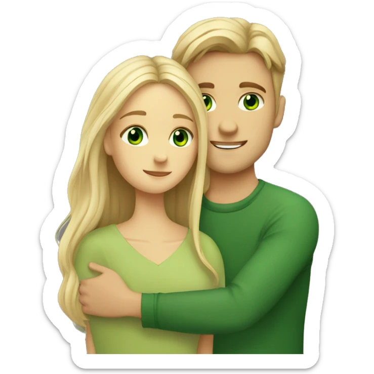 A girl with green eyes and brown long hair hugs a blond guy with green eyes sticker