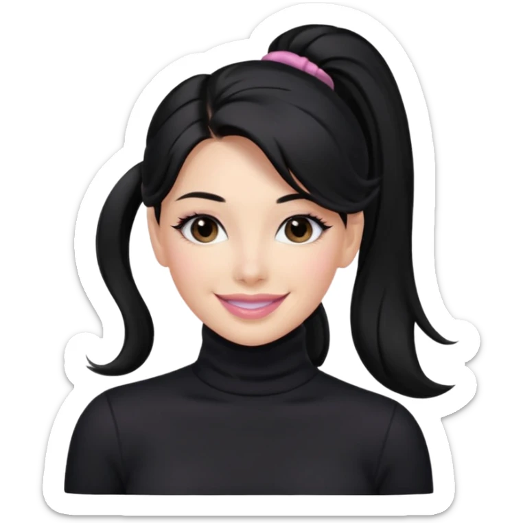 a woman with long sleeve turtle neck top and smile, her hair is long black pony tail, her eyes color are black and the color of her lip is soft pink sticker