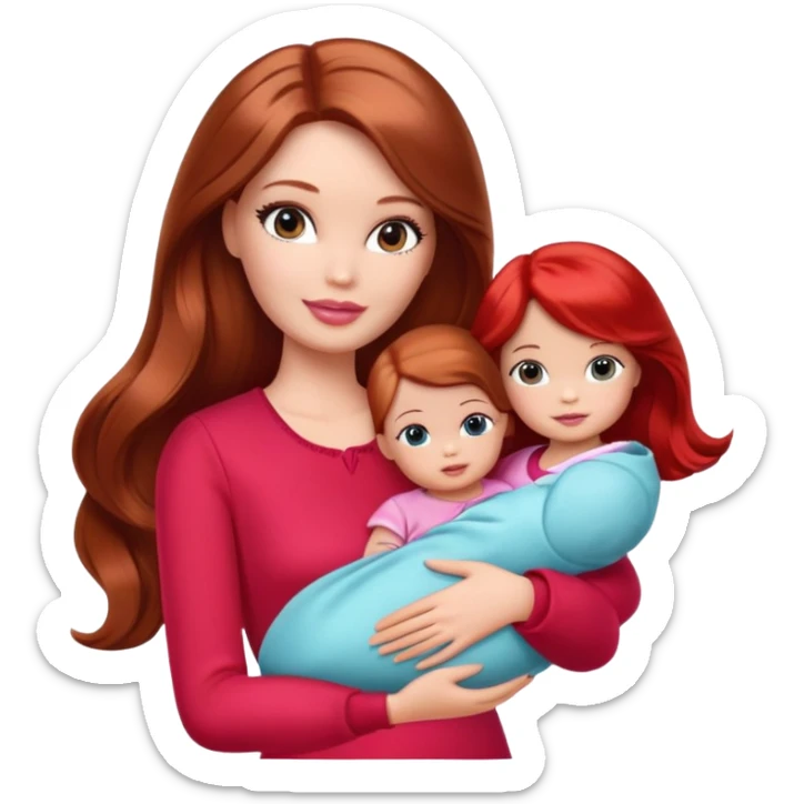 A barbie girl with makeup with brown hair long with a baby, a daughter, a girl with red hair, holding her hand in red clothes sticker