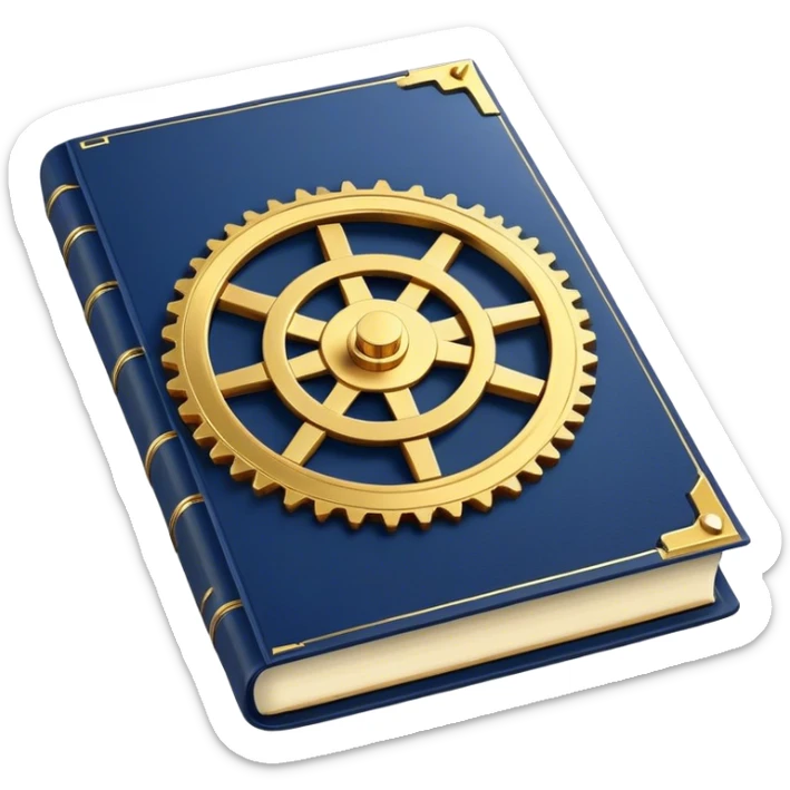A navy blue book with gold details, metallic edges, and a golden gear with a chart with upward trend on the cover, radiating productivity, strategy, and success in motion- sticker