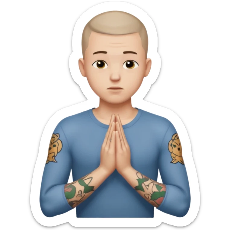 A 20 year old white man with a buzz cut and tattoos all over his arms and chest. Pleading face with hands praying  sticker