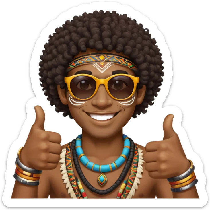 African Black tribal man with curly hair, traditional tribal face paint, wearing sunglasses, smiling, thumbs up sticker