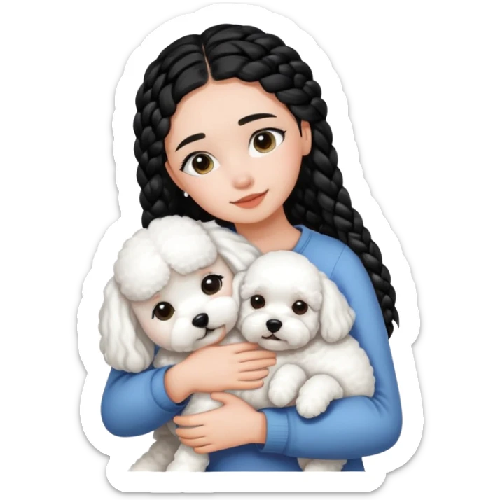 A girl with the black braids has straight hair ,hugging a Bichon frise sticker