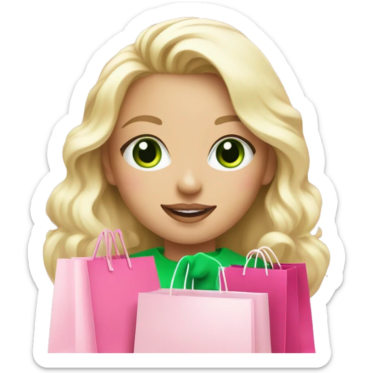 cute platinum blonde with green eyes wearing pink surrounded by pink shopping bags sticker