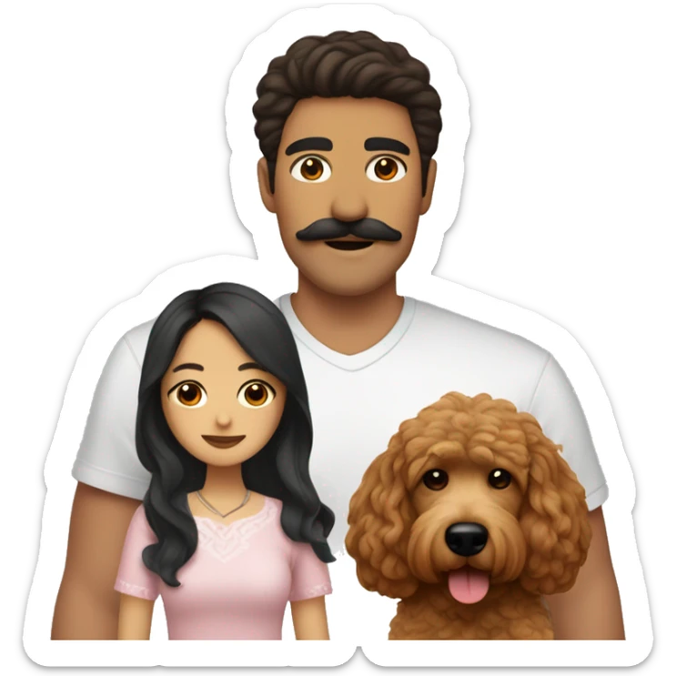 Mexican guy mustache with brown hair and asian girl with long black hair holding red goldendoodle sticker
