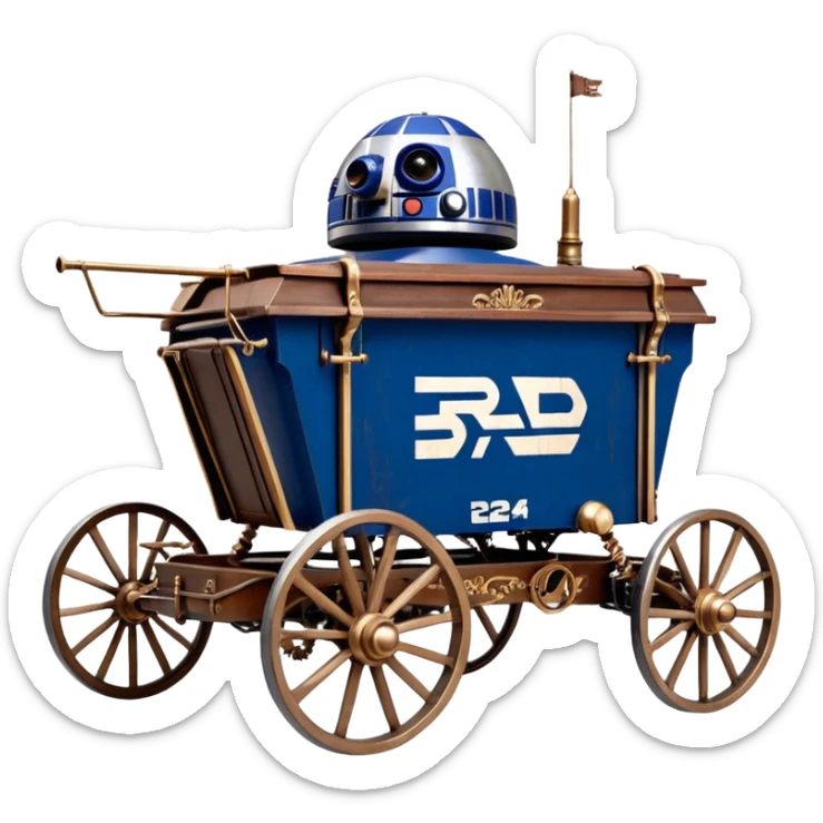 Old American West tarnished R2D2 bounty hunter in 1854 delicately ornate rosegold accents painted buggy buckboard wagon powered by electric motors and batteries with safety features and belts flying rapidly across rough dusty terrain stable on strong agile futuresteampunk suspension and steering  sticker