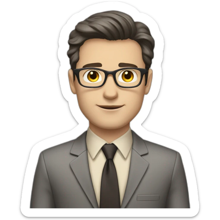 Full height Pale skinned Fit Man With dark brown hair in classic gray suit, beige office shirt, dark gray tie, and vintage glasses. His hands lock sticker