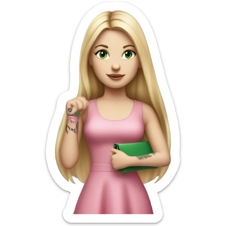 Realistic White girl with Long straight blonde hair, green eyes, tattoos, full body wearing pink dress, holding pink handbag sticker