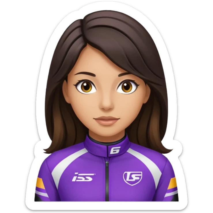 brunette long hair woman with black racing outfit with purple strips sticker