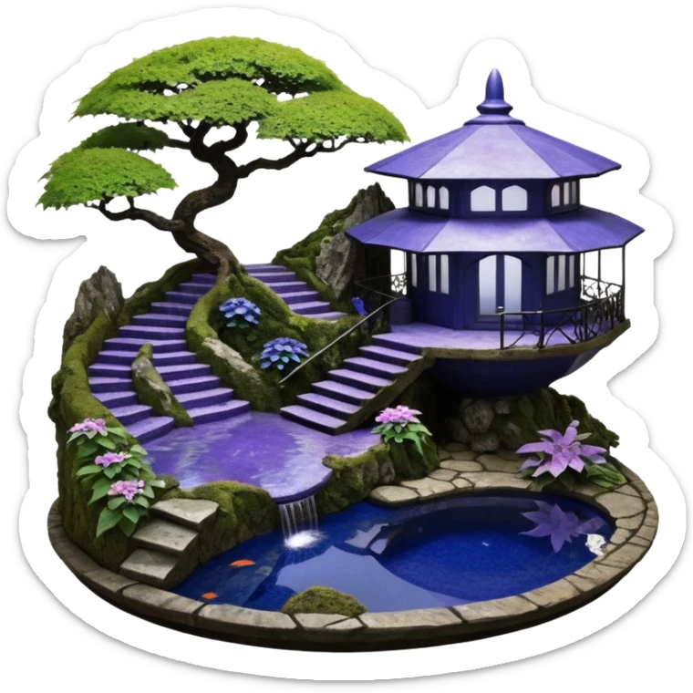 Alien saucer poolhouse jungle-vines precarious narrow stairway fountain koi pond mountainside -island getaway nighttime landscape antique mudman very old broken cracked intricate Stone Age lapis-crusted irregular dodecagon-shaped shallow dark moss rough bark violet serissa flowered maple tree bonsai sticker