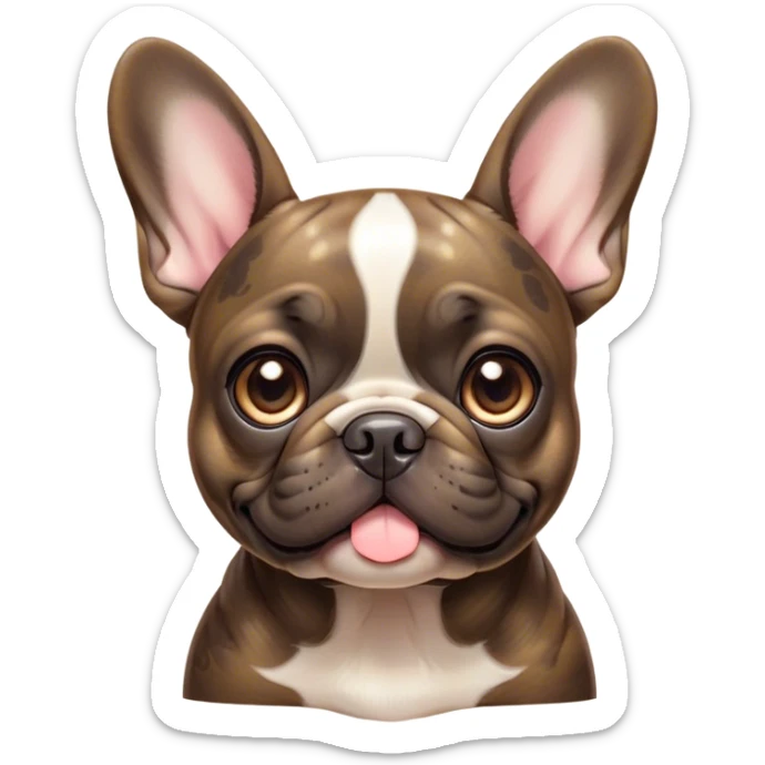 Cinematic Cute Brindle French Bulldog Portrait Emoji, Head tilted playfully and inquisitively, featuring a glossy brindle coat with a smooth texture and delicate fawn highlights, round, sparkling dark eyes filled with curiosity, Simplified yet irresistibly adorable features, highly detailed, glowing with a warm, friendly glow, high shine, affectionate and lively, stylized with a touch of whimsy, bright and endearing, soft glowing outline, capturing the essence of a mischievous yet loving companion, so playful it feels like it could prance out of the screen and into your arms! sticker