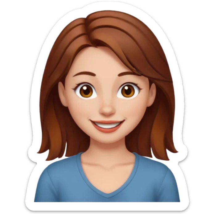 A girl with chest-length brown hair with a reddish tinge, with fair skin, brown eyes and a septum piercing, winking sticker