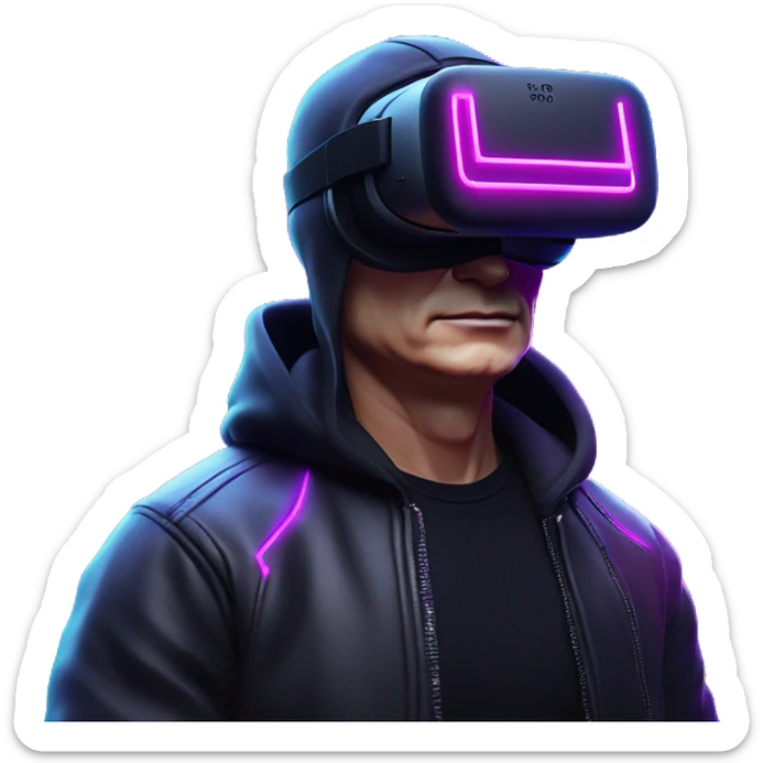 Vladimir Putin wearing a black hoodie with "OMG" letters on it and VR headset oculus quest 2 in a cyberpunk VR environment with violet neon lighting. sticker