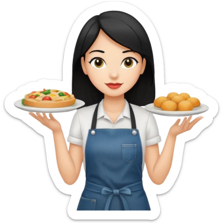 waitress with black hair and a food plate with a black tshirt and ª jeans apron sticker