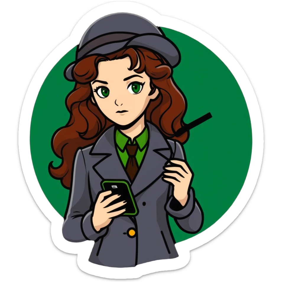 Green eyed long, wavy Auburn hair, beautiful young woman in a detective Sherlock Holmes outfit with a cell phone in her hand ￼ sticker