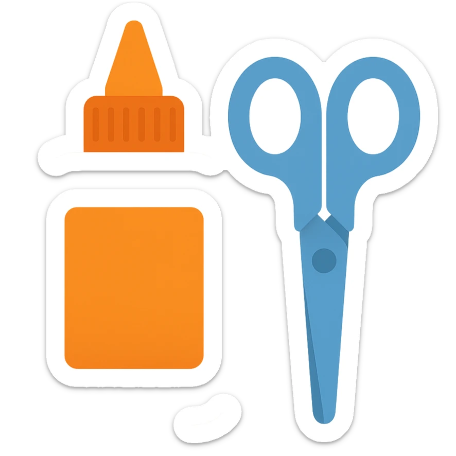 bottle of glue with orange label and tip and a pair of blue scissors, flat toon vector illustration sticker