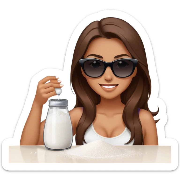 sassy woman with long brown hair, tan skin, and dark sunglasses holding a salt shaker filled with white table salt. She is sprinkling the salt out from the shaker with a smirking expression sticker