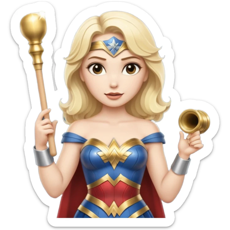 Blonde Wonder Woman holding short white orchestra conductor’s baton and bell sticker