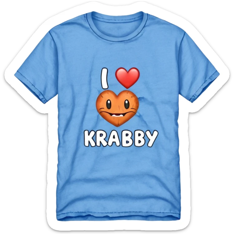 Blue shirt with the text I love KRABBY. And the shirt has holes sticker